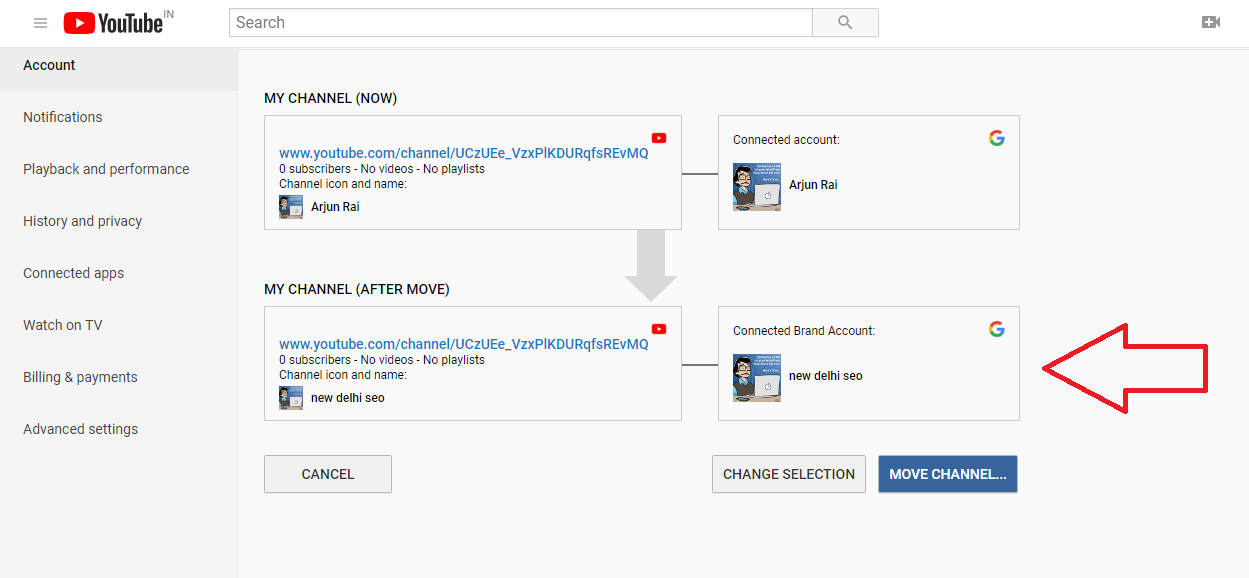 Here you can see the new brand name of your channel, click it to complete the process.